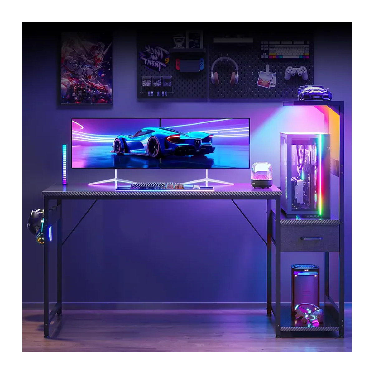 Coleshome Gaming Tisch mit LED-Beleuchtung in Schwarz mit Schubladen und Regal, B/T: 138 x 48 cm - Bild 3