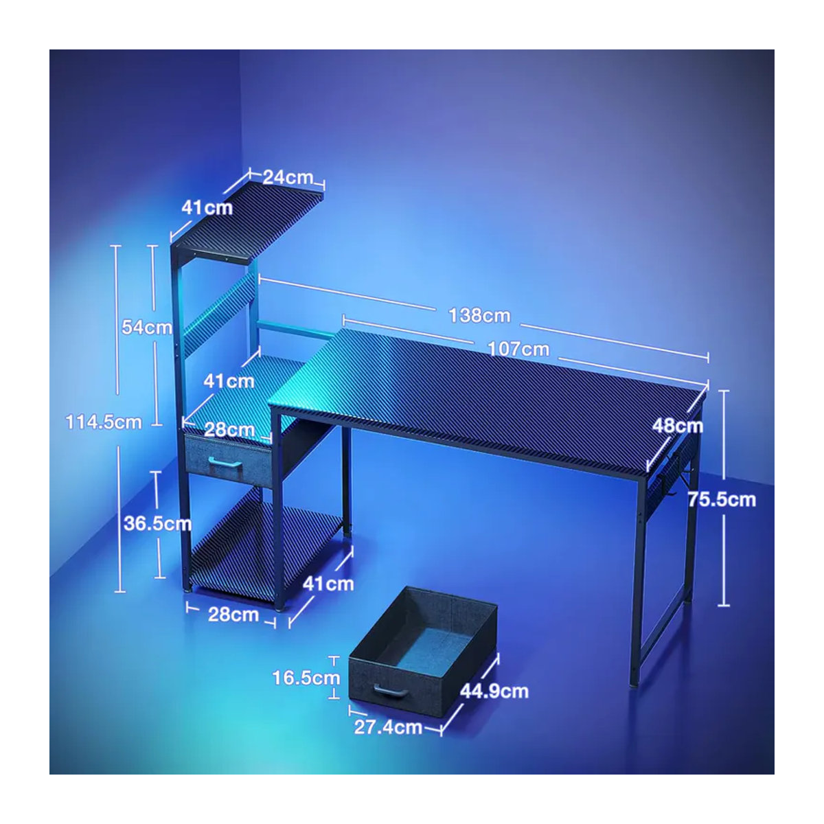 Coleshome Gaming Tisch mit LED-Beleuchtung in Schwarz mit Schubladen und Regal, B/T: 138 x 48 cm - Bild 4