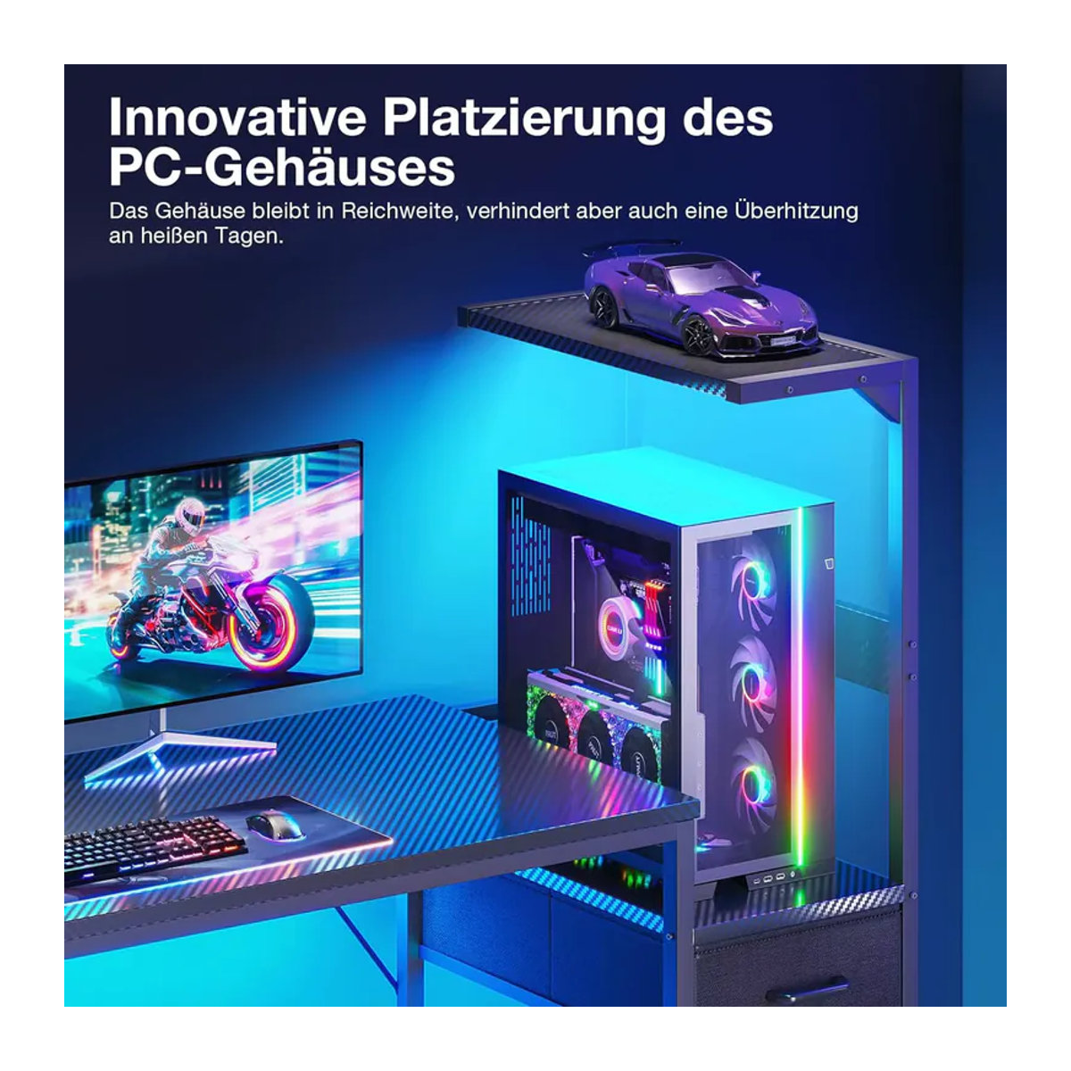 Coleshome Gaming Tisch mit LED-Beleuchtung in Schwarz mit Schubladen und Regal, B/T: 138 x 48 cm - Bild 5