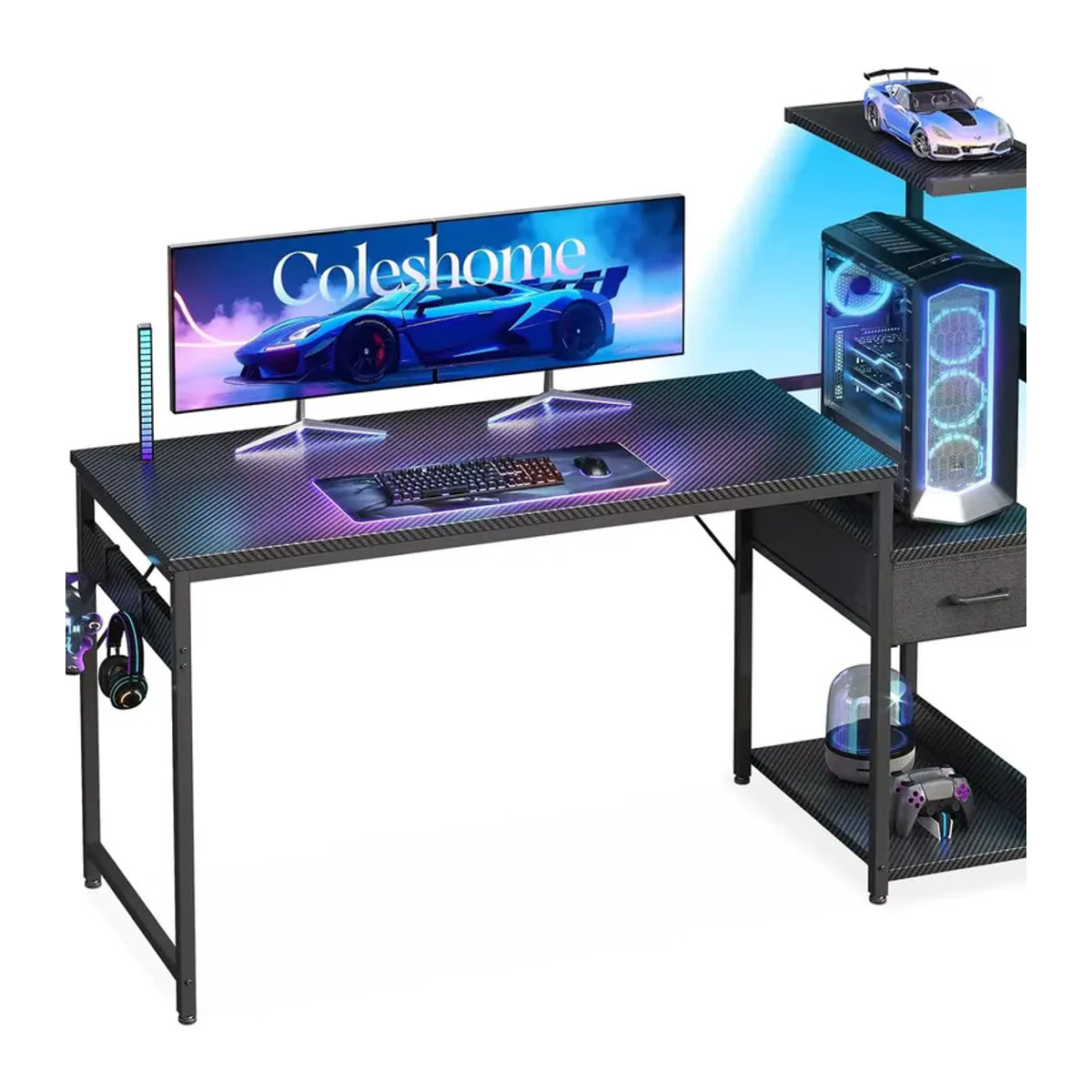 Coleshome Gaming Tisch mit LED-Beleuchtung in Schwarz mit Schubladen und Regal, B/T: 138 x 48 cm - Bild 6