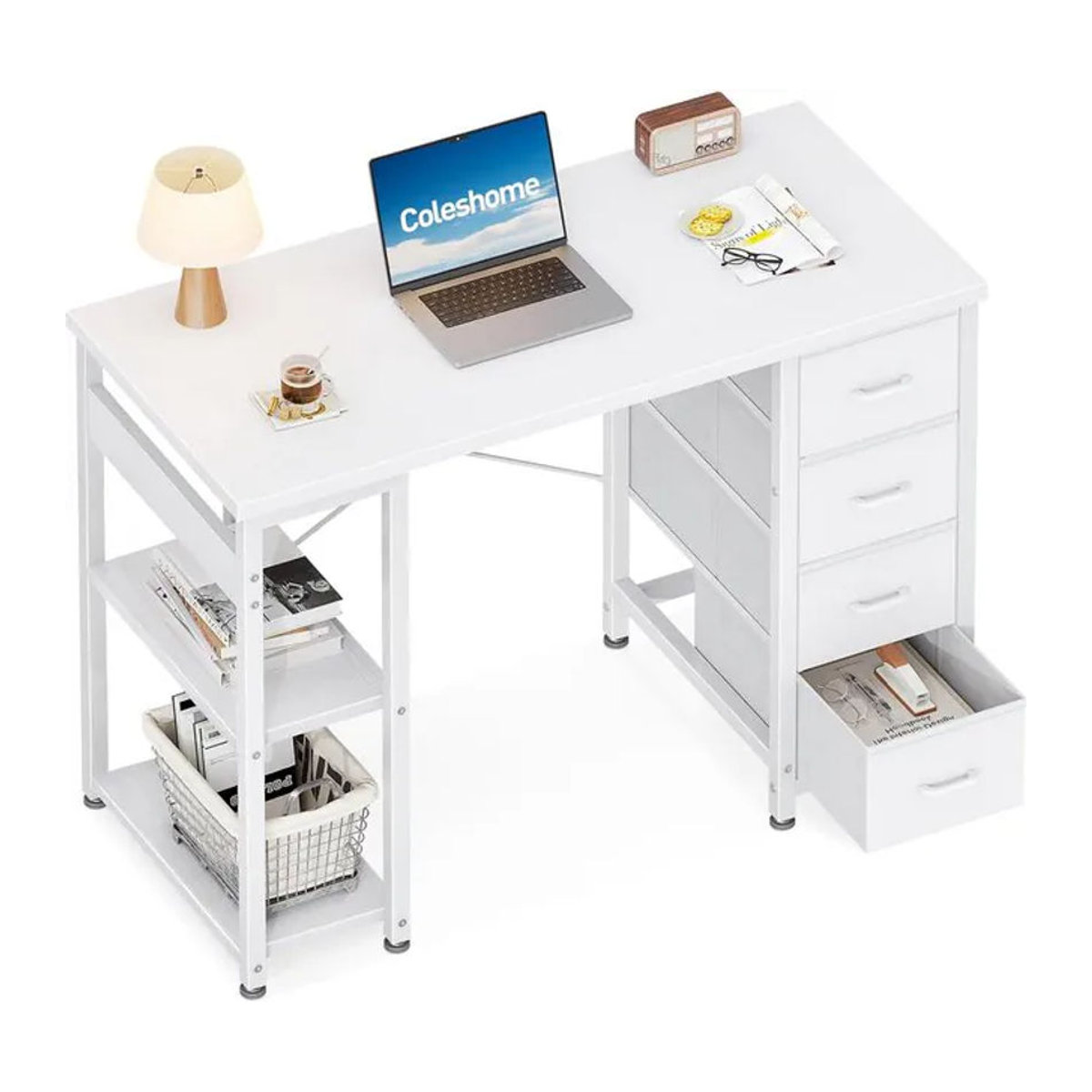 Coleshome Moderner Schreibtisch mit 4 Schubladen und Regalen in Weiß, B: 100 cm, T: 40 cm - Bild 1
