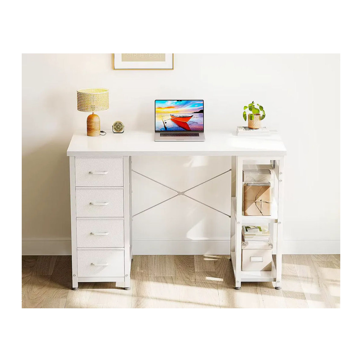 Coleshome Moderner Schreibtisch mit 4 Schubladen und Regalen in Weiß, B: 100 cm, T: 40 cm - Bild 2