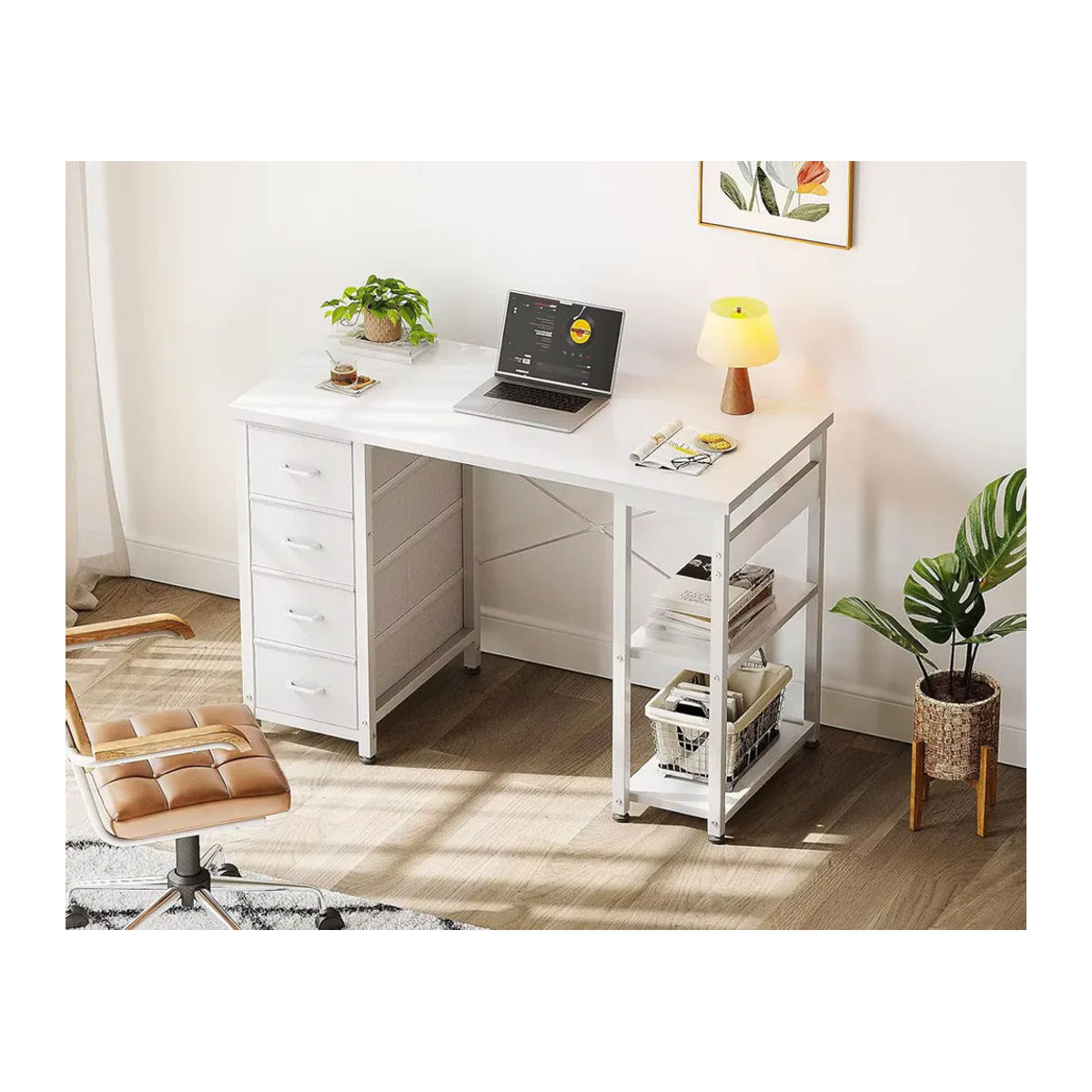 Coleshome Moderner Schreibtisch mit 4 Schubladen und Regalen in Weiß, B: 100 cm, T: 40 cm - Bild 3