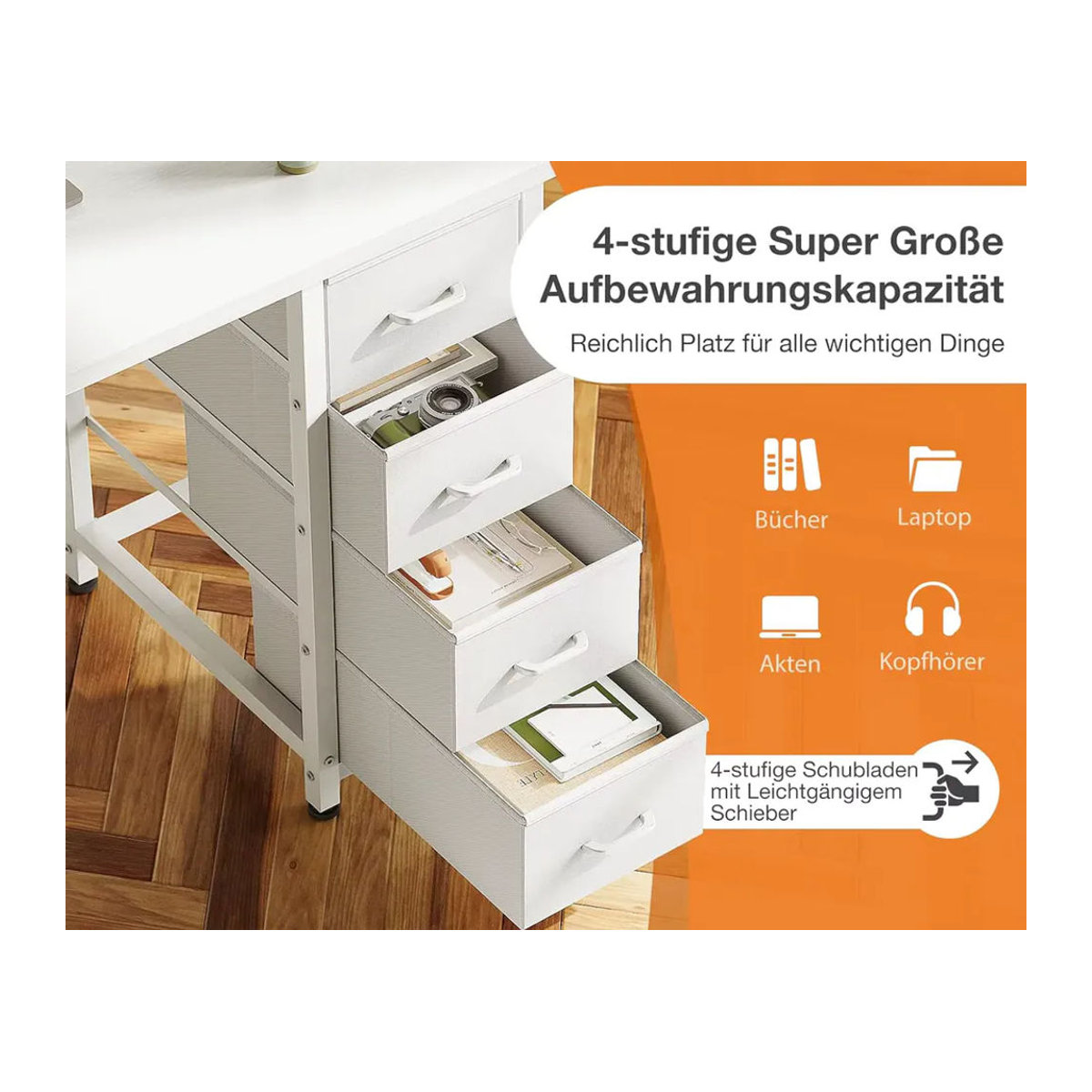 Coleshome Moderner Schreibtisch mit 4 Schubladen und Regalen in Weiß, B: 100 cm, T: 40 cm - Bild 5