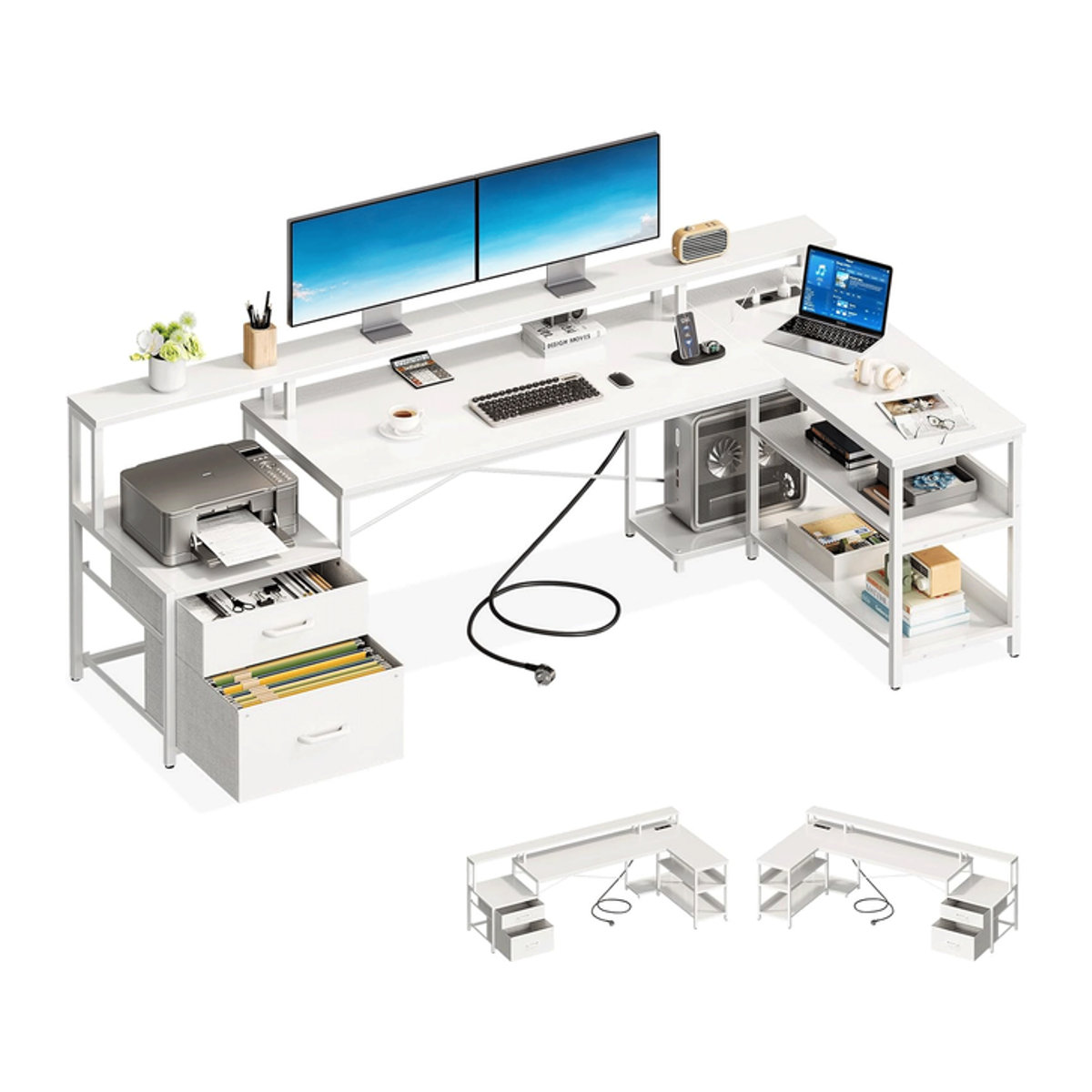 Coleshome Reversibler Eckschreibtisch mit Schubladen und integrierten Steckdosen sowie USB-Ladeanschluss in Weiß/Braun, Breite: 189,3 cm - Bild 1
