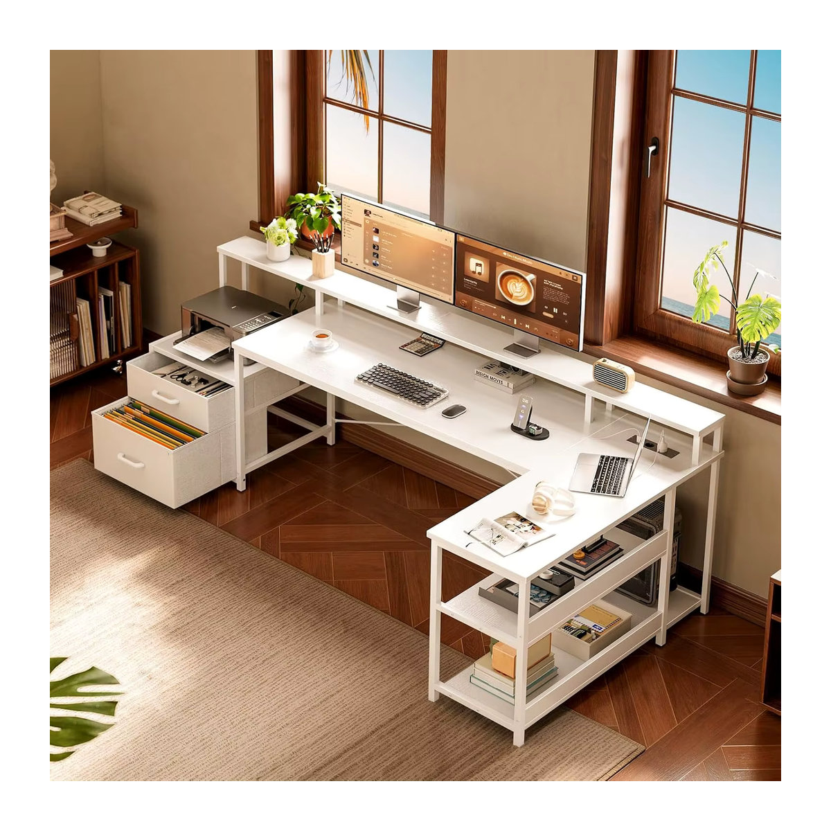 Coleshome Reversibler Eckschreibtisch mit Schubladen und integrierten Steckdosen sowie USB-Ladeanschluss in Weiß/Braun, Breite: 189,3 cm - Bild 2