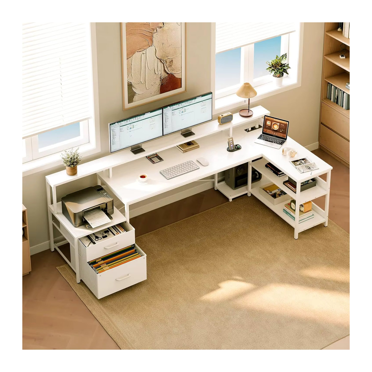 Coleshome Reversibler Eckschreibtisch mit Schubladen und integrierten Steckdosen sowie USB-Ladeanschluss in Weiß/Braun, Breite: 189,3 cm - Bild 3