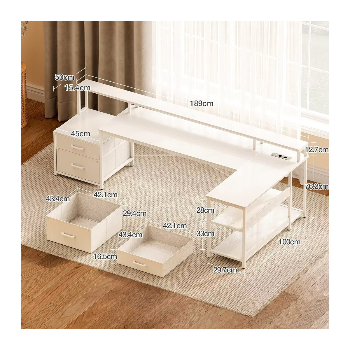 Coleshome Reversibler Eckschreibtisch mit Schubladen und integrierten Steckdosen sowie USB-Ladeanschluss in Weiß/Braun, Breite: 189,3 cm - Bild 4