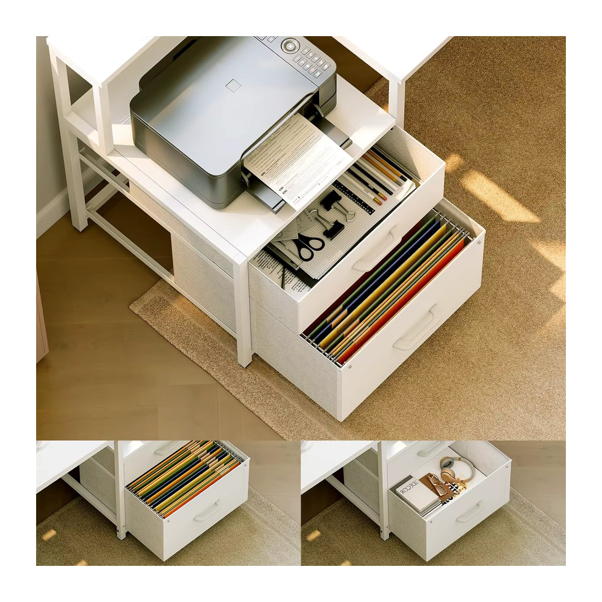 Coleshome Reversibler Eckschreibtisch mit Schubladen und integrierten Steckdosen sowie USB-Ladeanschluss in Weiß/Braun, Breite: 189,3 cm - Bild 5