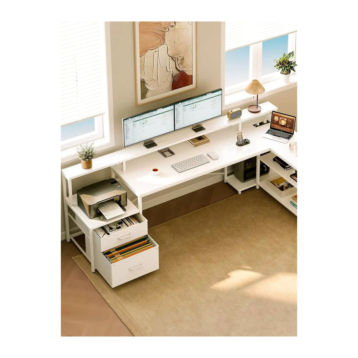 Coleshome Reversibler Eckschreibtisch mit Schubladen und integrierten Steckdosen sowie USB-Ladeanschluss in Weiß/Braun, Breite: 189,3 cm - Bild 6
