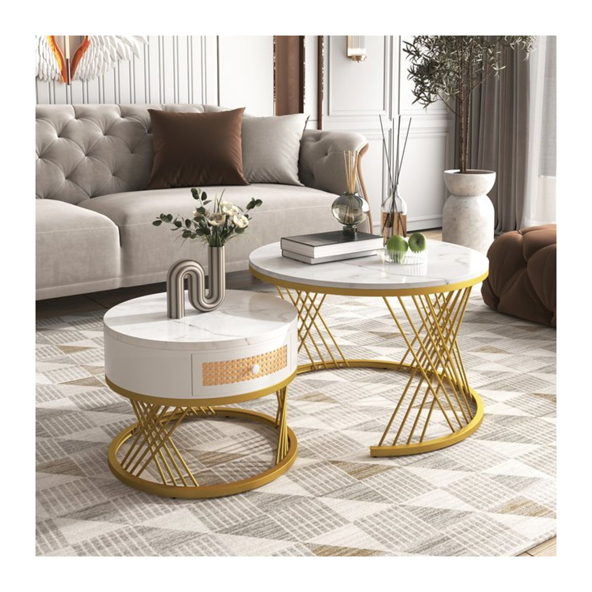 Comanlai 2er-Set runder Couchtisch und Beistelltisch mit Marmoroptik, goldener Metallrahmen und Rattanschubladen in Weiß und Grau - Bild 1