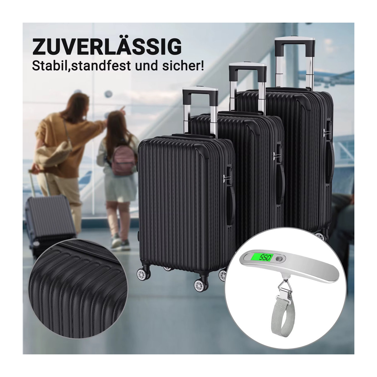 Comanlai 3-teiliges Kofferset aus ABS Hartschale mit 360 Grad Rollen und TSA-Schloss in Schwarz - Bild 4