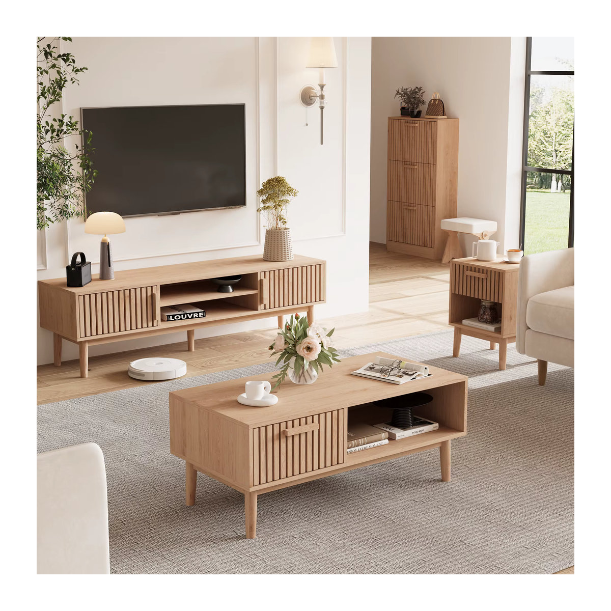 Comanlai Holz-Aufbewahrungsschrank Set aus 2 Stück in Braun im skandinavischen Design mit geometrischem Muster - Bild 2