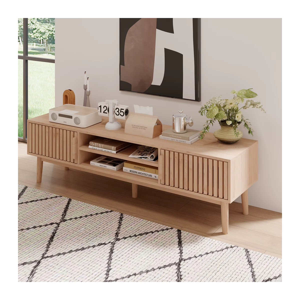 Comanlai Holz-Aufbewahrungsschrank Set aus 2 Stück in Braun im skandinavischen Design mit geometrischem Muster - Bild 3
