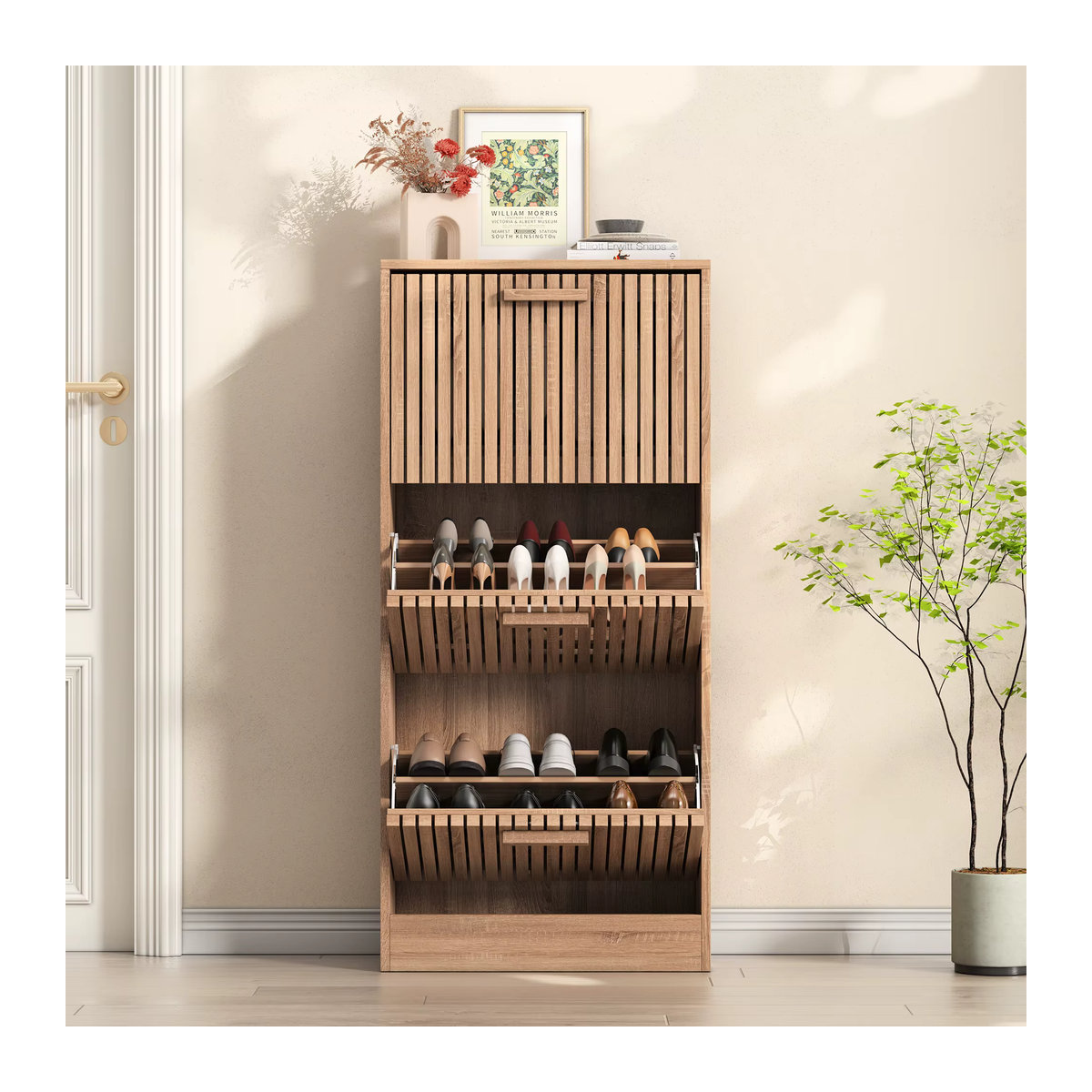 Comanlai Holz-Aufbewahrungsschrank Set aus 2 Stück in Braun im skandinavischen Design mit geometrischem Muster - Bild 4