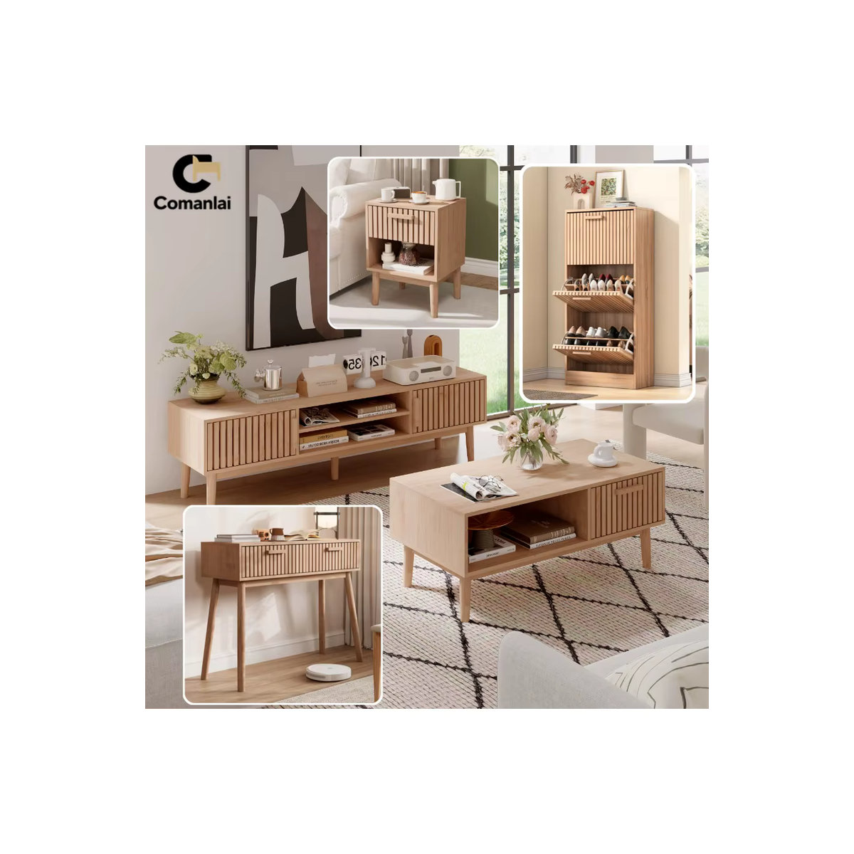 Comanlai Holz-Aufbewahrungsschrank Set aus 2 Stück in Braun im skandinavischen Design mit geometrischem Muster - Bild 5