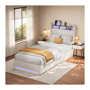 Comanlai Hydraulisches Funktionsbett mit LED-Beleuchtung, 2 Schubladen und USB- sowie Typ-C-Anschlüssen aus Leinenstoff in Beige oder Weiß