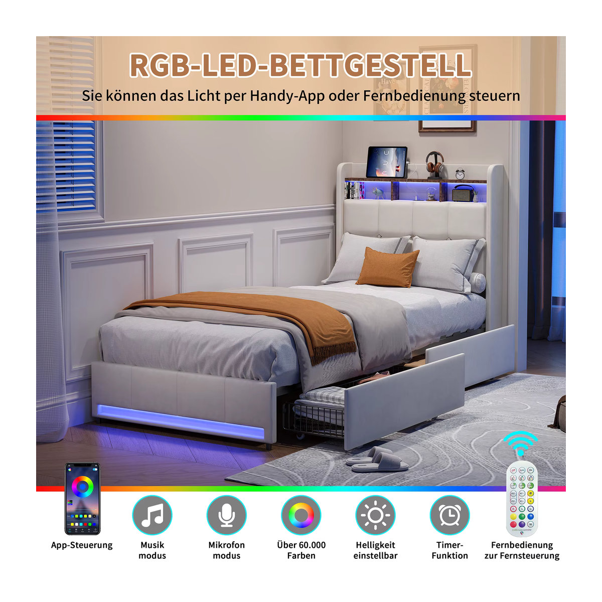 Comanlai Hydraulisches Funktionsbett mit LED-Beleuchtung, 2 Schubladen und USB- sowie Typ-C-Anschlüssen aus Leinenstoff in Beige oder Weiß - Bild 2
