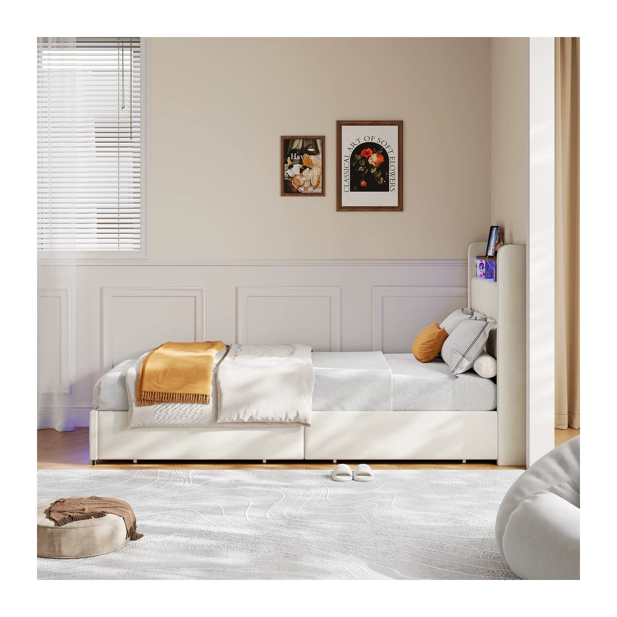 Comanlai Hydraulisches Funktionsbett mit LED-Beleuchtung, 2 Schubladen und USB- sowie Typ-C-Anschlüssen aus Leinenstoff in Beige oder Weiß - Bild 3