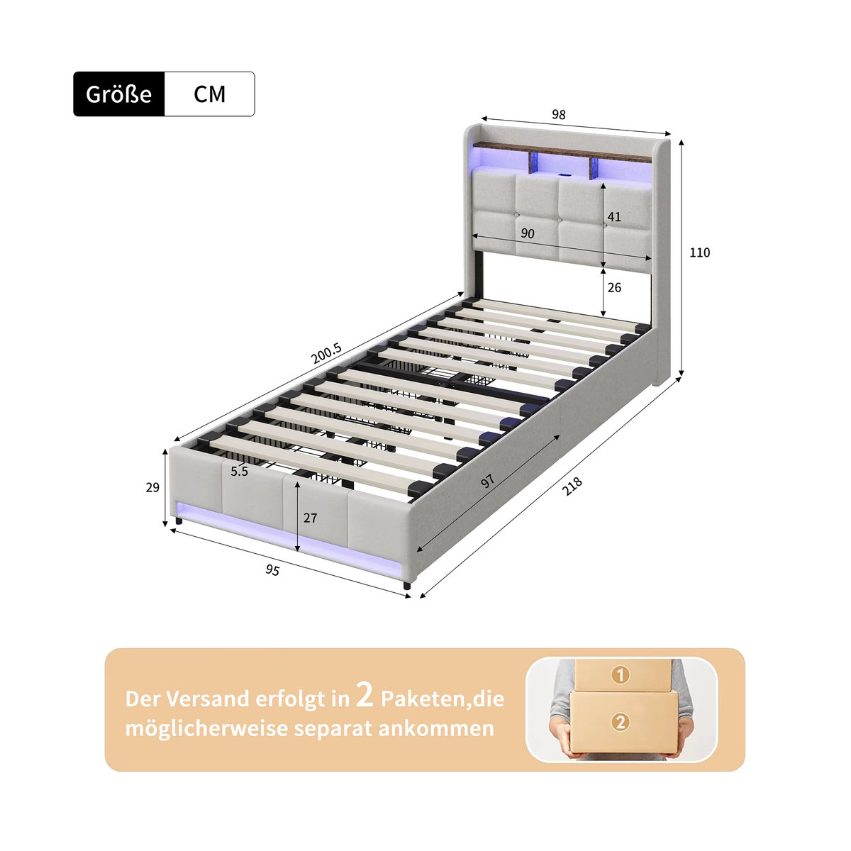 Comanlai Hydraulisches Funktionsbett mit LED-Beleuchtung, 2 Schubladen und USB- sowie Typ-C-Anschlüssen aus Leinenstoff in Beige oder Weiß - Bild 4
