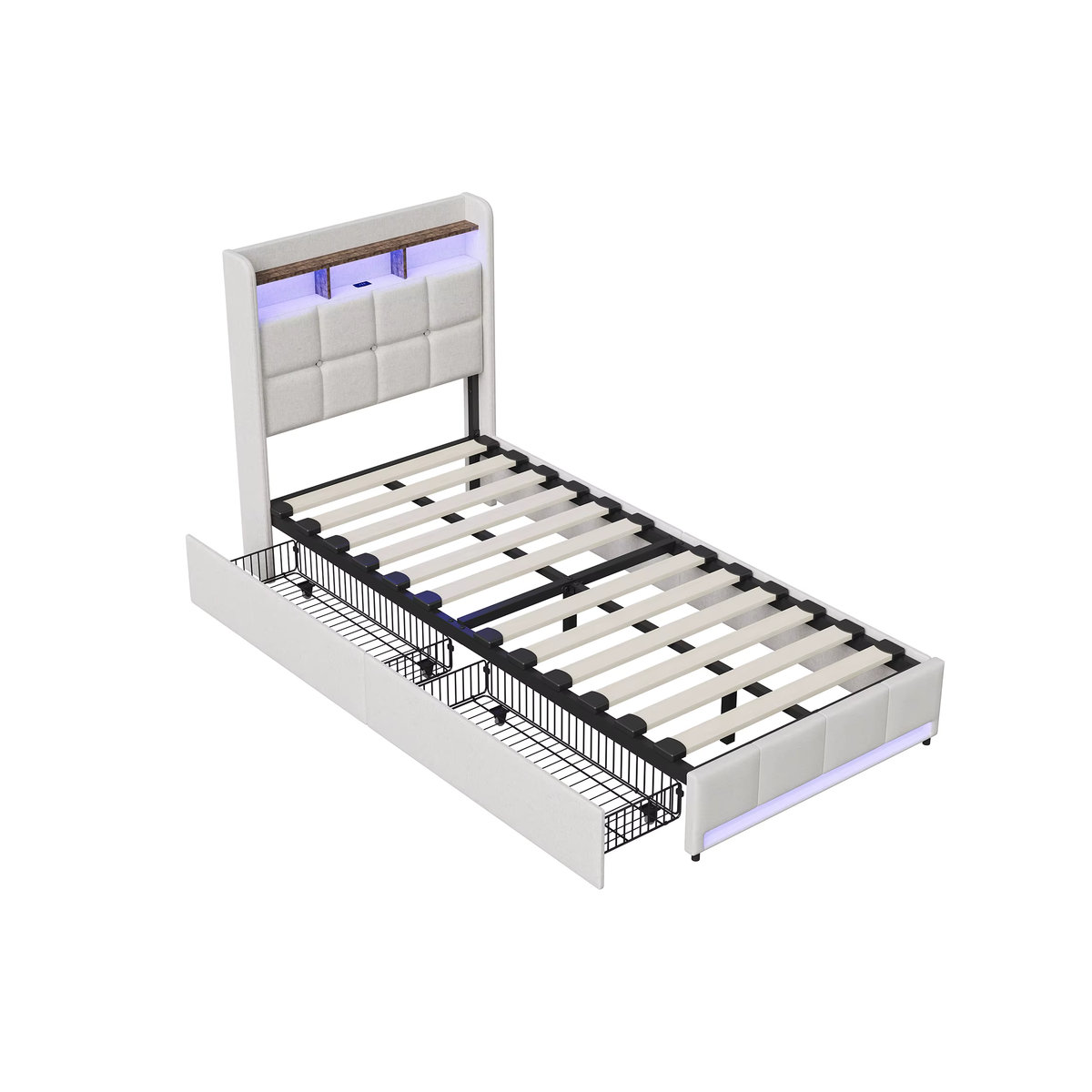 Comanlai Hydraulisches Funktionsbett mit LED-Beleuchtung, 2 Schubladen und USB- sowie Typ-C-Anschlüssen aus Leinenstoff in Beige oder Weiß - Bild 5