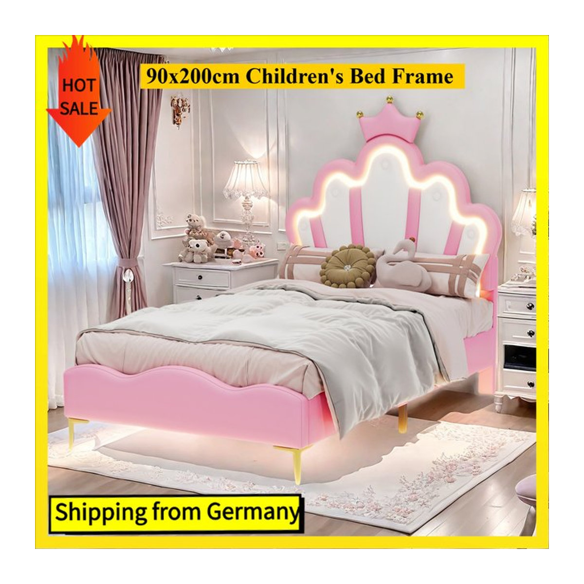 Comanlai Kinderpolsterbett in Rosa mit LED-Licht und kronenförmigem Kopfteil aus Kunstleder, B/T/H: 90 x 200 cm - Bild 1