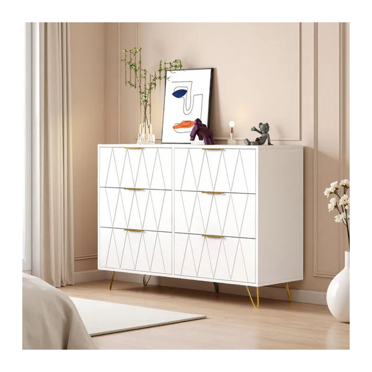 Comanlai Kommode im Bohemian-Stil mit 4 oder 6 Schubladen und goldenen Beinen, modernes Sideboard in Weiß - Bild 1