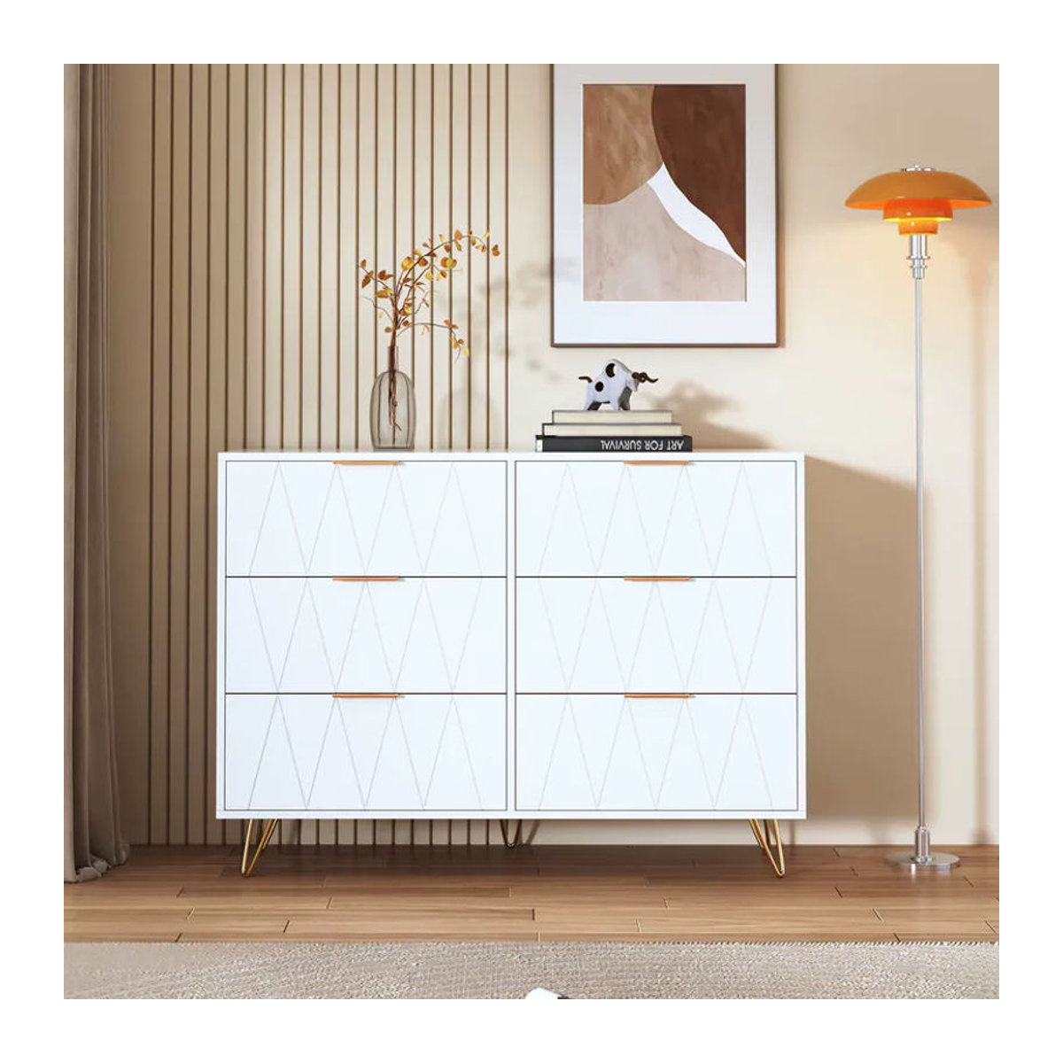 Comanlai Kommode im Bohemian-Stil mit 4 oder 6 Schubladen und goldenen Beinen, modernes Sideboard in Weiß - Bild 2