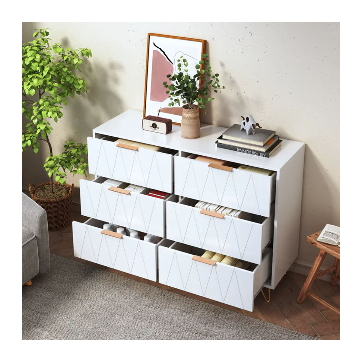 Comanlai Kommode im Bohemian-Stil mit 4 oder 6 Schubladen und goldenen Beinen, modernes Sideboard in Weiß - Bild 3