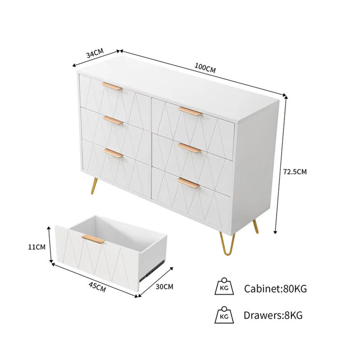 Comanlai Kommode im Bohemian-Stil mit 4 oder 6 Schubladen und goldenen Beinen, modernes Sideboard in Weiß - Bild 5