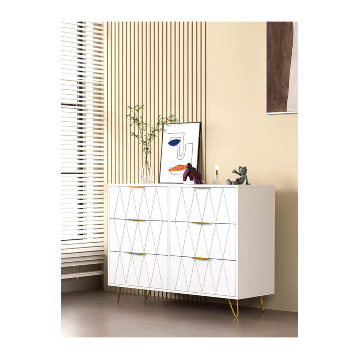 Comanlai Kommode im Bohemian-Stil mit 4 oder 6 Schubladen und goldenen Beinen, modernes Sideboard in Weiß - Bild 6
