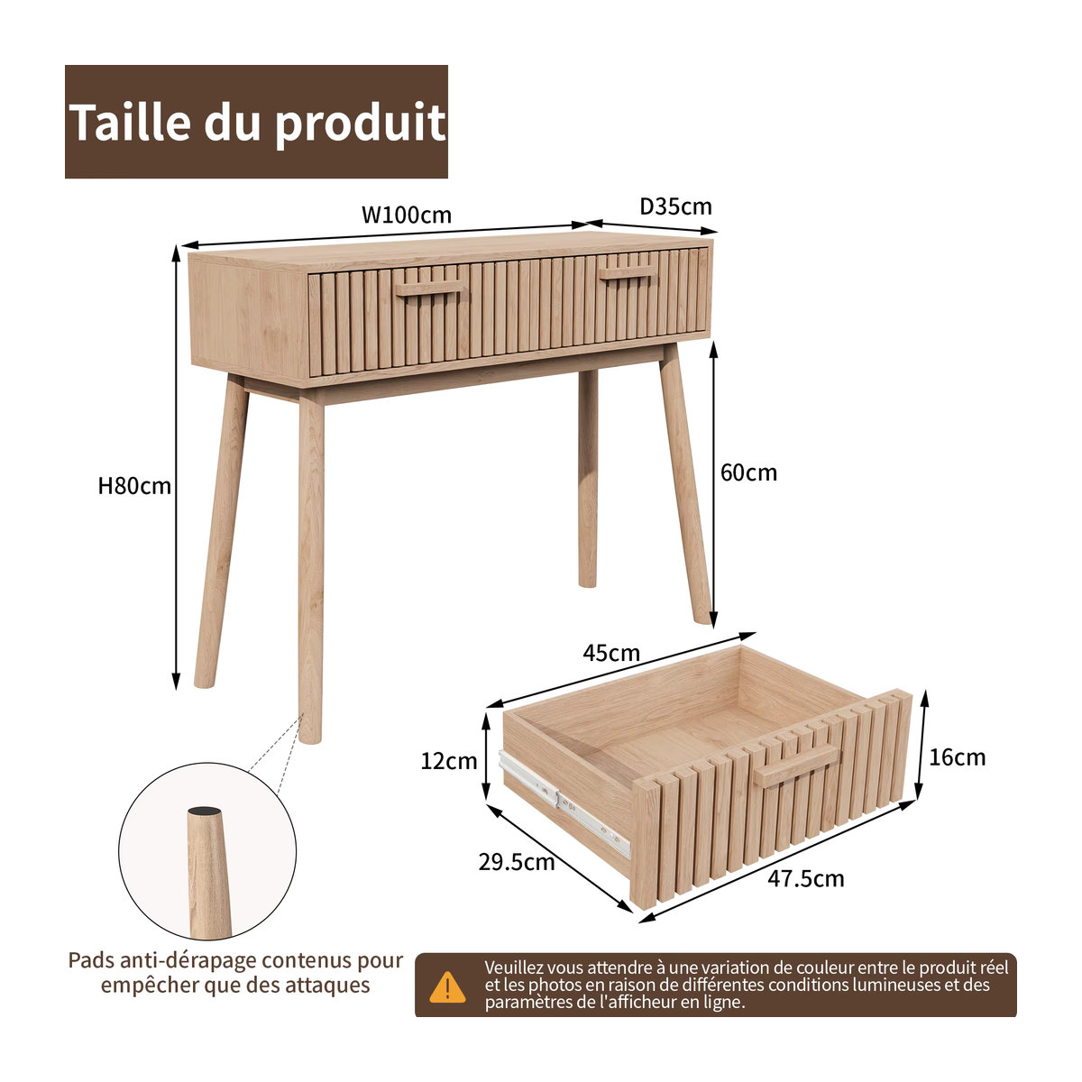 Comanlai Konsolentisch aus Holz in Natur, skandinavischer Beistelltisch mit 2 Schubladen, B/T/H: 100 x 35 x 80 cm - Bild 2