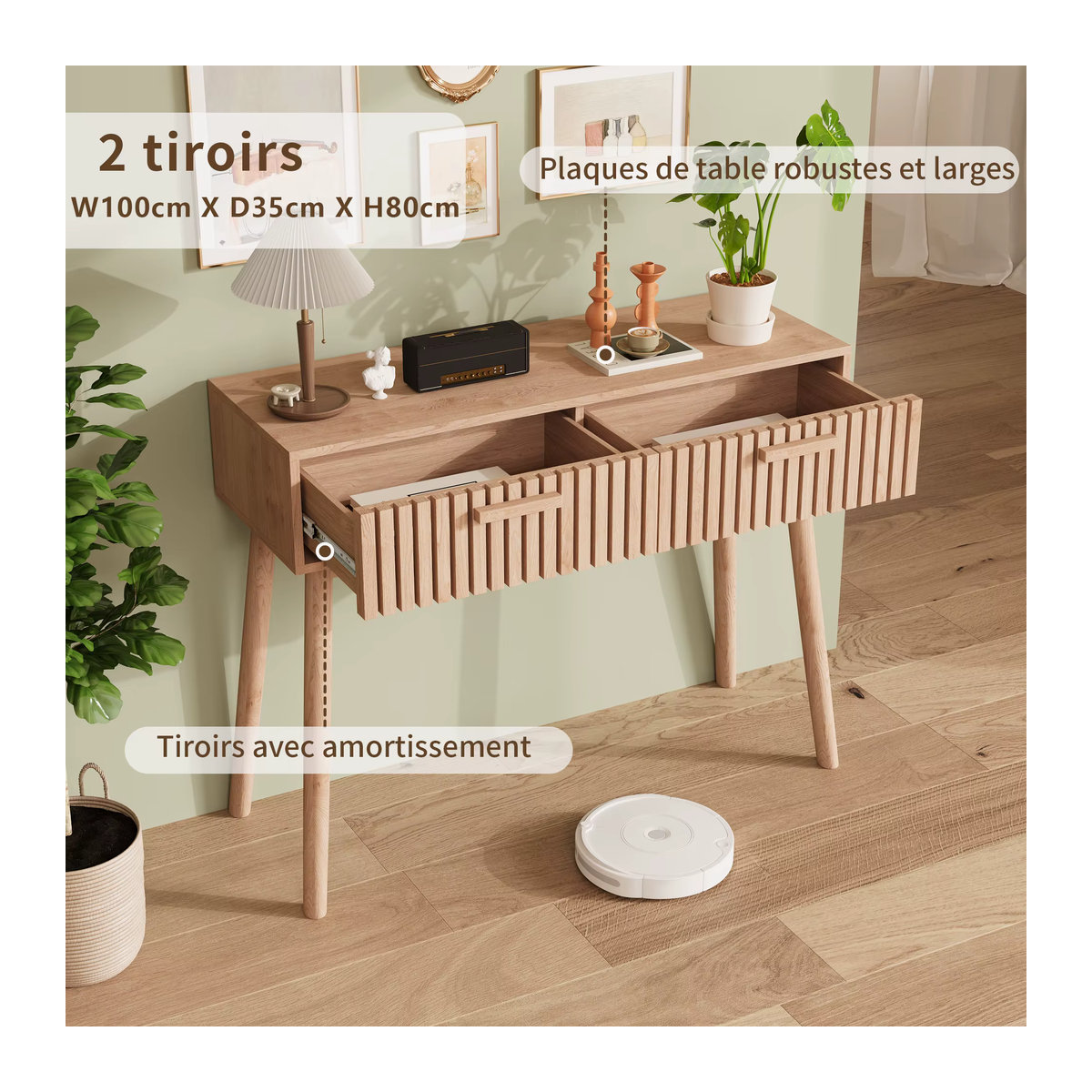Comanlai Konsolentisch aus Holz in Natur, skandinavischer Beistelltisch mit 2 Schubladen, B/T/H: 100 x 35 x 80 cm - Bild 4