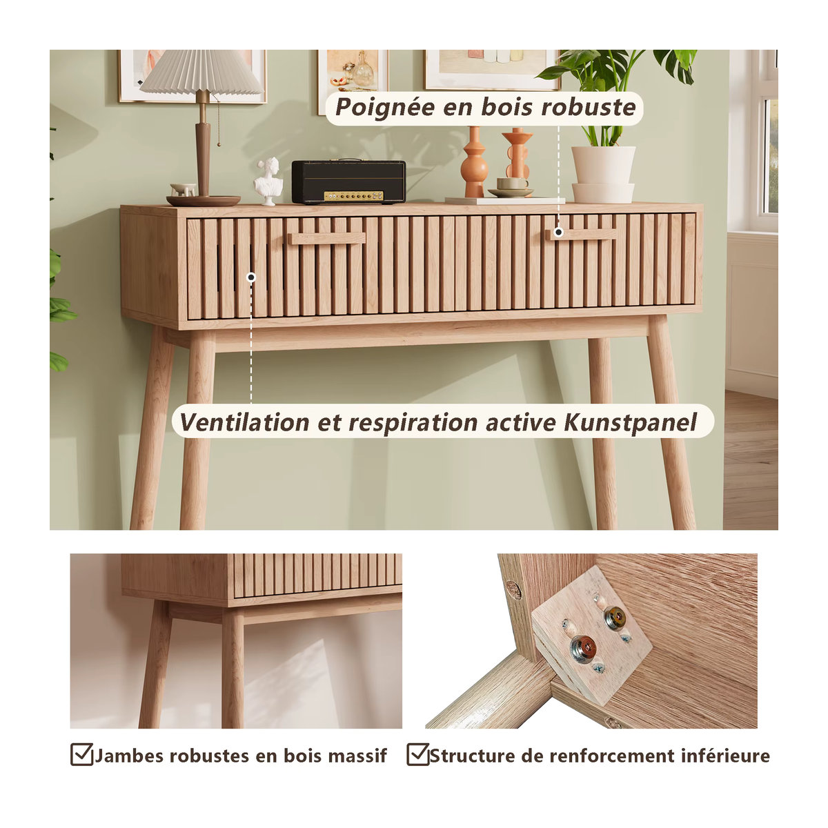 Comanlai Konsolentisch aus Holz in Natur, skandinavischer Beistelltisch mit 2 Schubladen, B/T/H: 100 x 35 x 80 cm - Bild 5