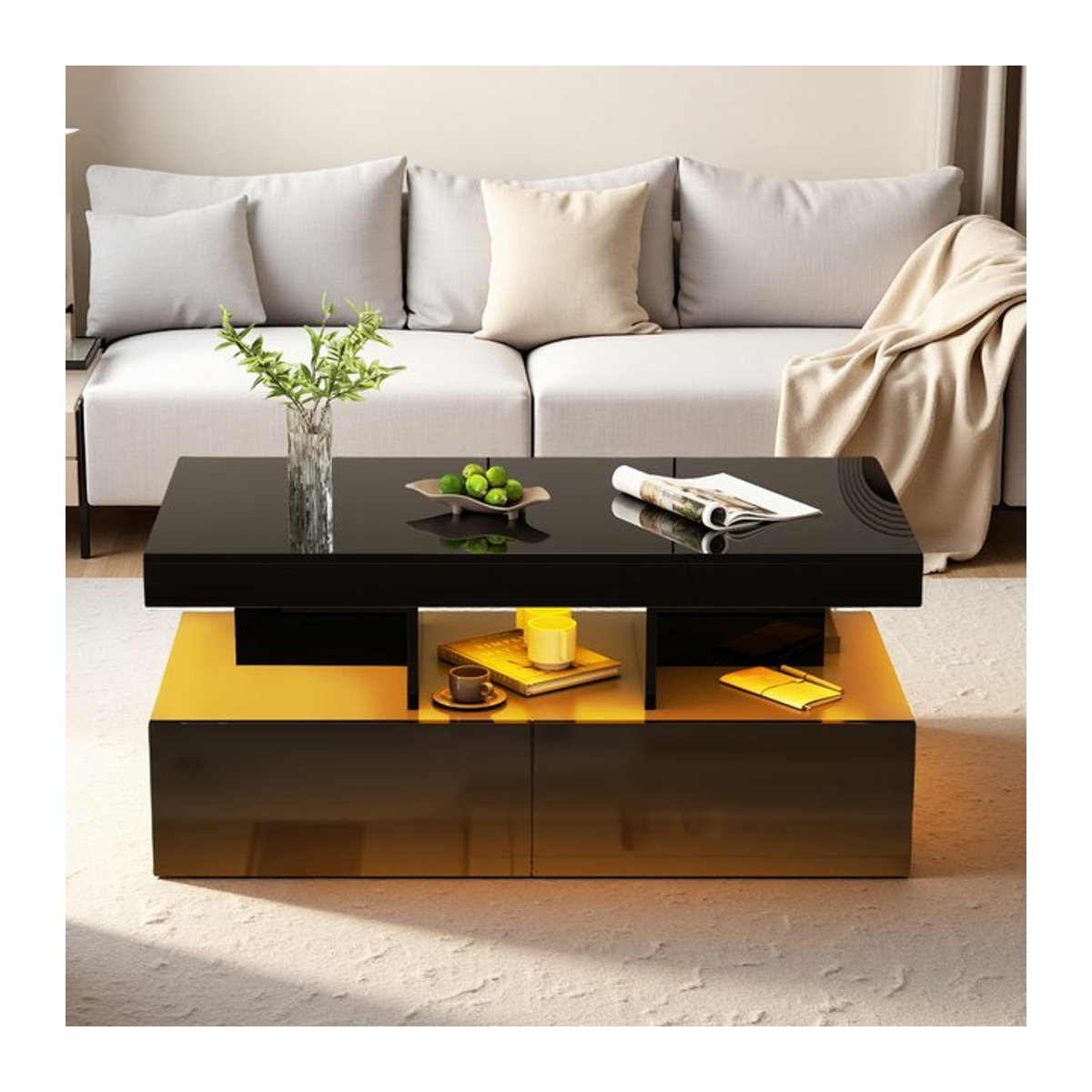 Comanlai LED-Couchtisch in Schwarz mit 2 Schubladen und Fernbedienung, modern und rechteckig, B/T/H: 104 x 53 x 46 cm - Bild 1