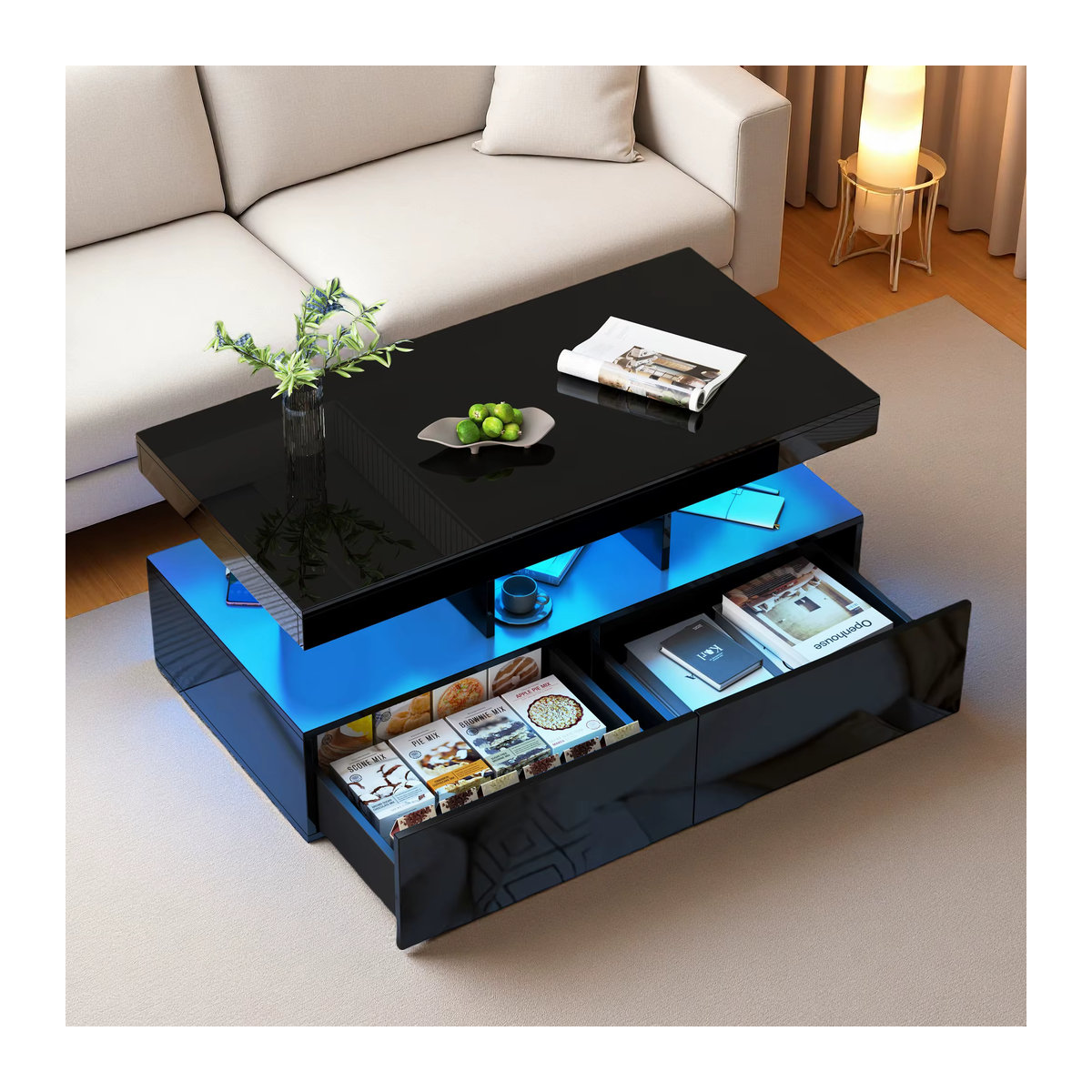 Comanlai LED-Couchtisch in Schwarz mit 2 Schubladen und Fernbedienung, modern und rechteckig, B/T/H: 104 x 53 x 46 cm - Bild 2