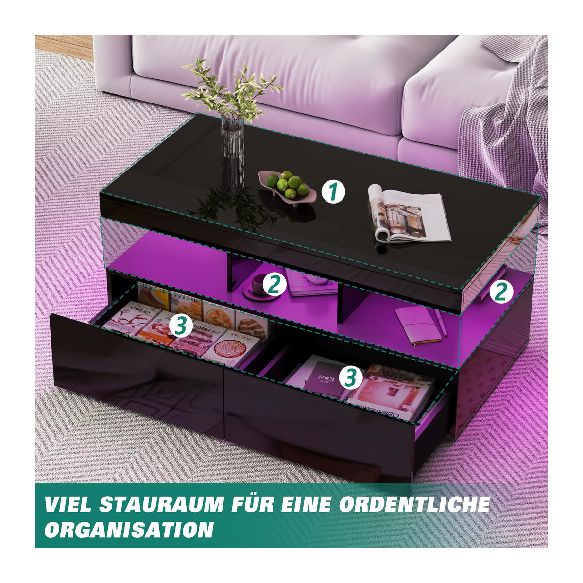 Comanlai LED-Couchtisch in Schwarz mit 2 Schubladen und Fernbedienung, modern und rechteckig, B/T/H: 104 x 53 x 46 cm - Bild 3