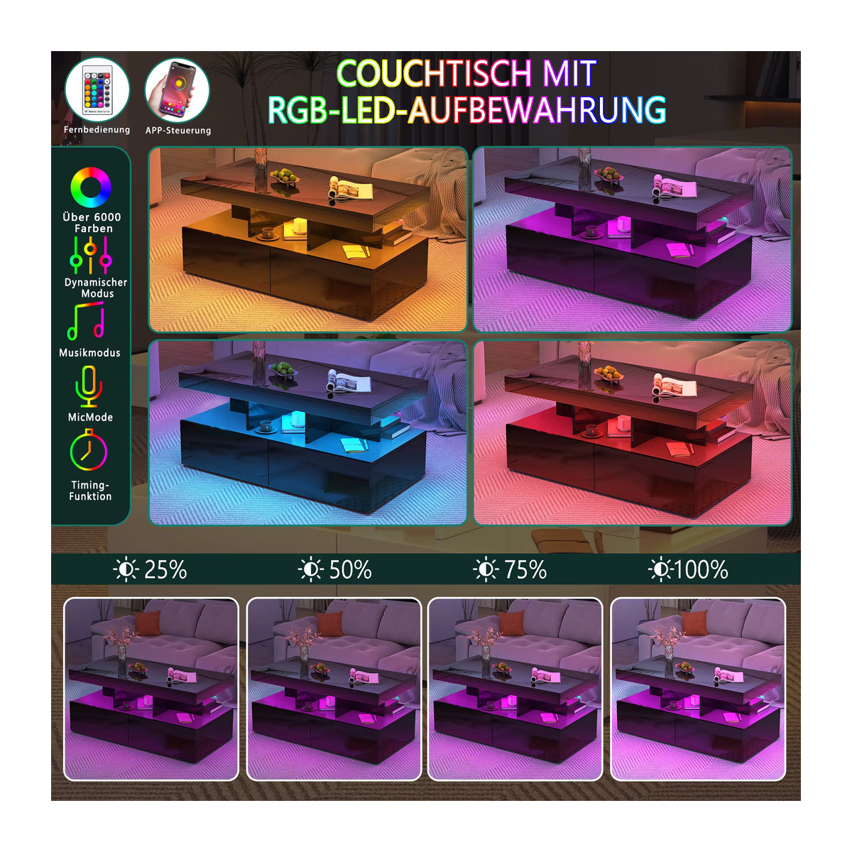 Comanlai LED-Couchtisch in Schwarz mit 2 Schubladen und Fernbedienung, modern und rechteckig, B/T/H: 104 x 53 x 46 cm - Bild 4