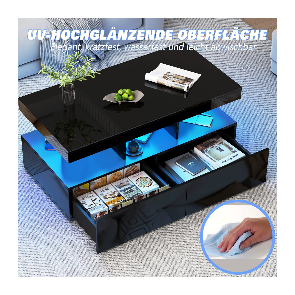 Comanlai LED-Couchtisch in Schwarz mit 2 Schubladen und Fernbedienung, modern und rechteckig, B/T/H: 104 x 53 x 46 cm - Bild 5