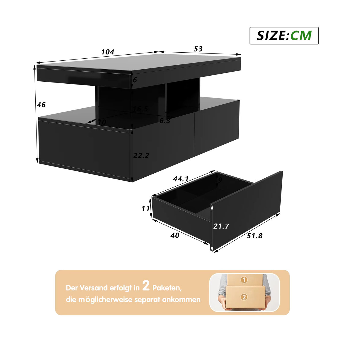 Comanlai LED-Couchtisch in Schwarz mit 2 Schubladen und Fernbedienung, modern und rechteckig, B/T/H: 104 x 53 x 46 cm - Bild 6