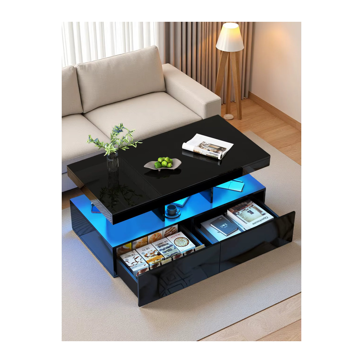 Comanlai LED-Couchtisch in Schwarz mit 2 Schubladen und Fernbedienung, modern und rechteckig, B/T/H: 104 x 53 x 46 cm - Bild 7