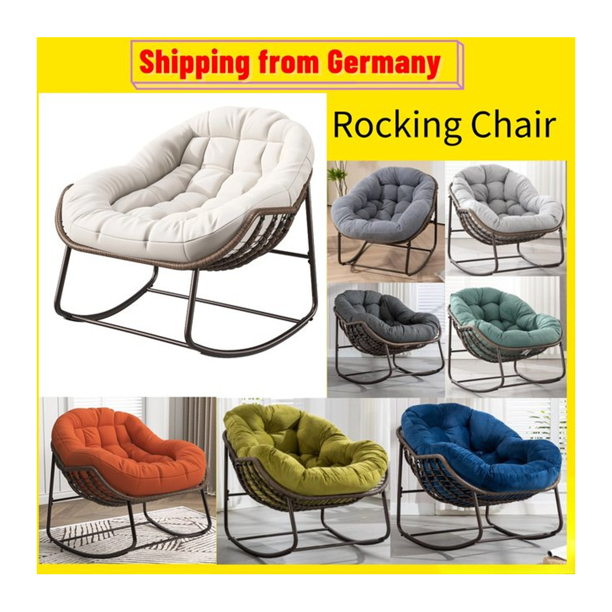 Comanlai Outdoor-Rattan-Schaukelstuhl mit gepolstertem Kissen und Drehsitz, Loungesessel aus Polyrattan für Garten und Balkon, Grün/Weiß - Bild 1