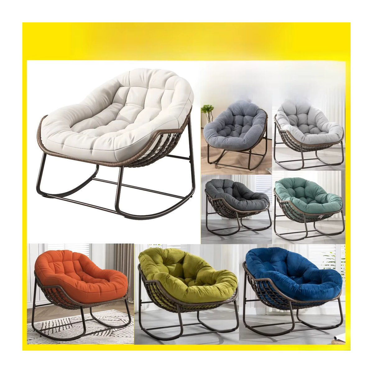 Comanlai Outdoor-Rattan-Schaukelstuhl mit gepolstertem Kissen und Drehsitz, Loungesessel aus Polyrattan für Garten und Balkon, Grün/Weiß - Bild 3