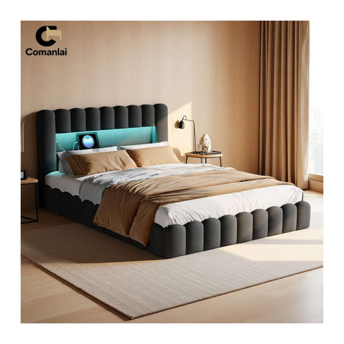 Comanlai Polsterbett Doppelbett mit hydraulischem Stauraum, LED-Beleuchtung und USB-Ladeanschluss, Grau, B/T: 180 x 200 cm - Bild 1
