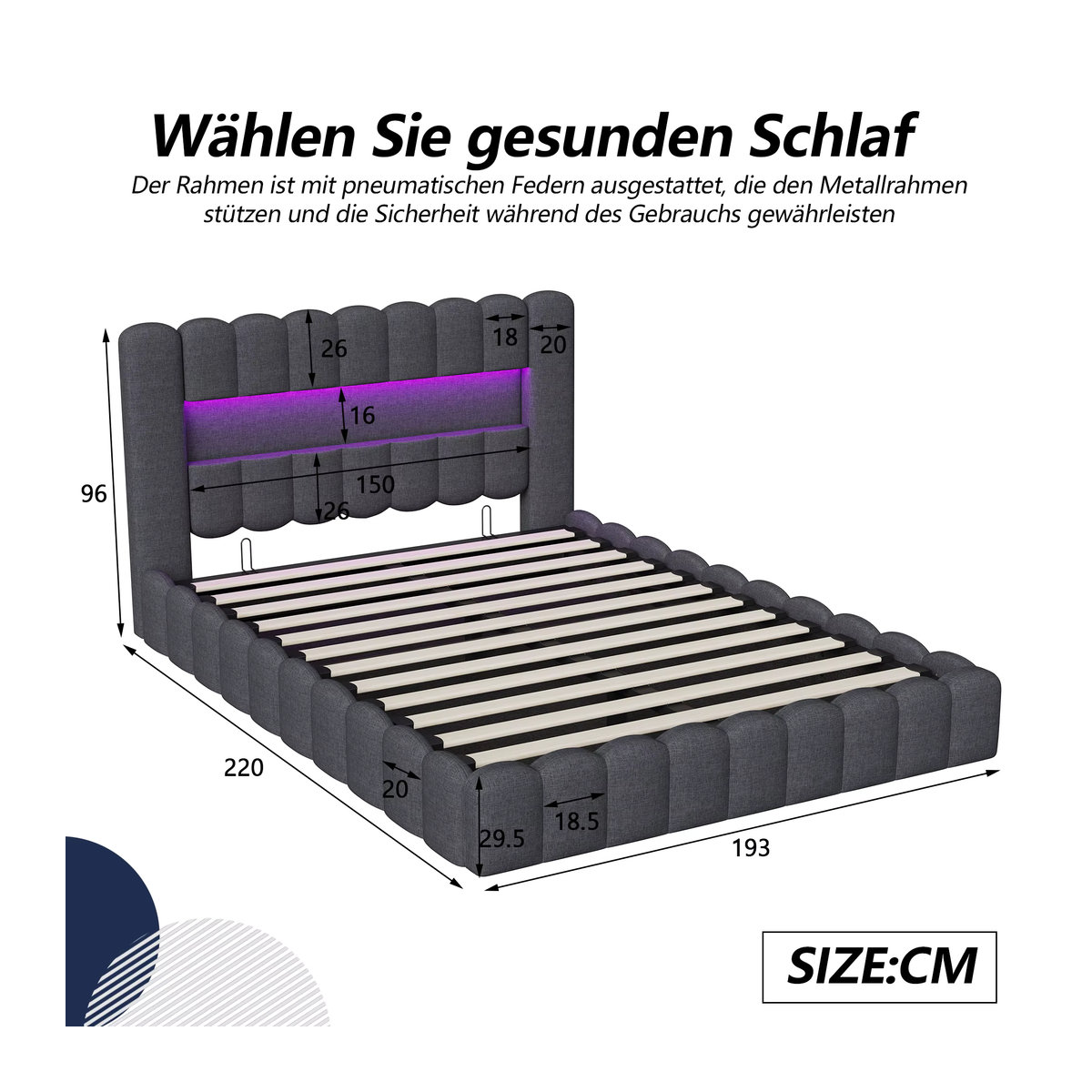 Comanlai Polsterbett Doppelbett mit hydraulischem Stauraum, LED-Beleuchtung und USB-Ladeanschluss, Grau, B/T: 180 x 200 cm - Bild 2