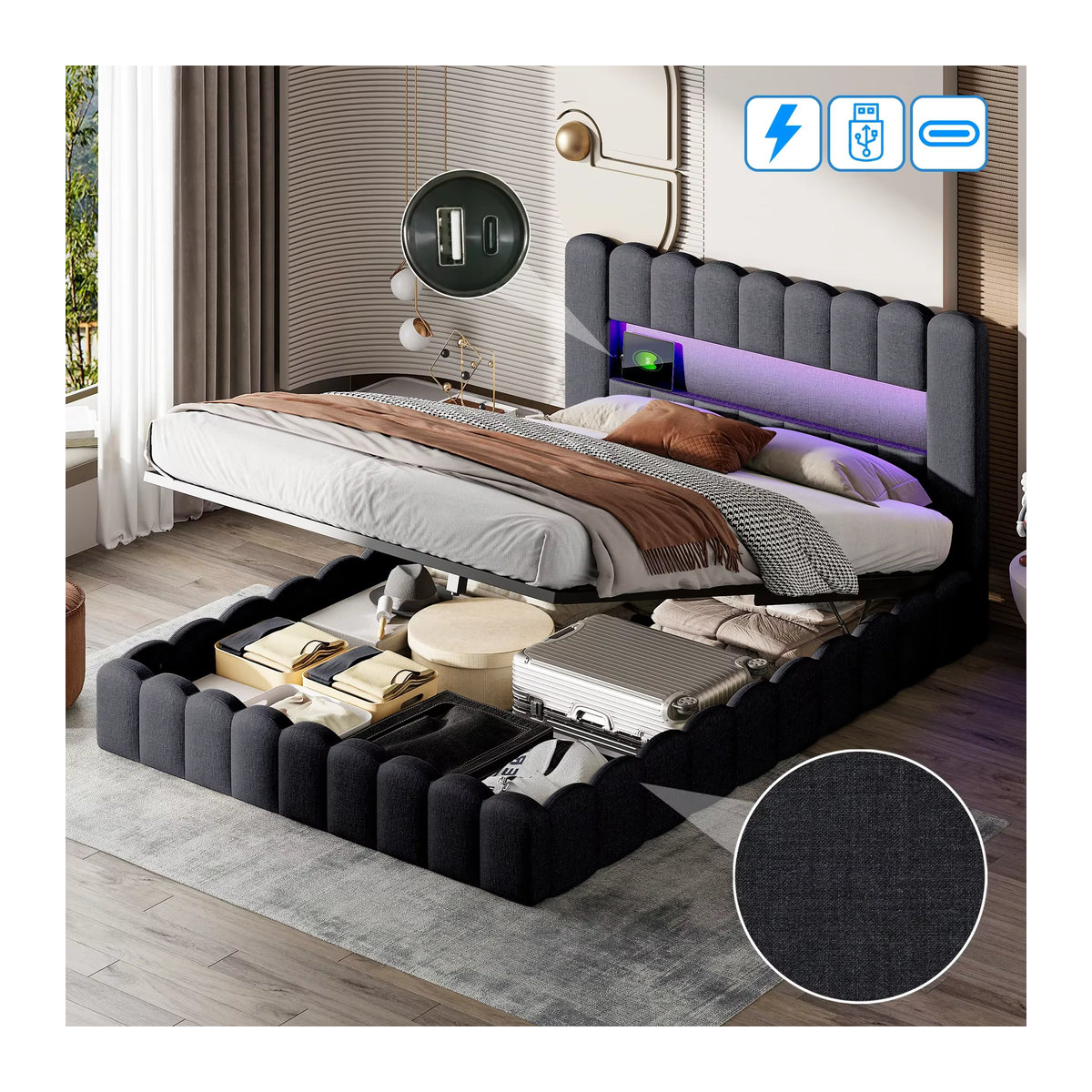 Comanlai Polsterbett Doppelbett mit hydraulischem Stauraum, LED-Beleuchtung und USB-Ladeanschluss, Grau, B/T: 180 x 200 cm - Bild 3