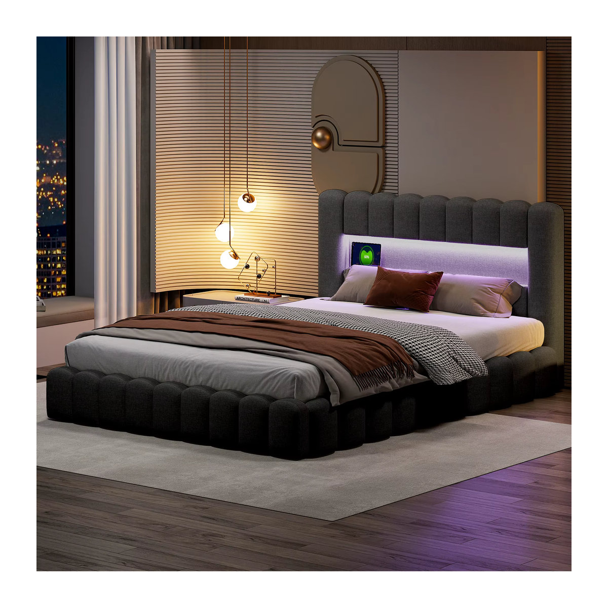 Comanlai Polsterbett Doppelbett mit hydraulischem Stauraum, LED-Beleuchtung und USB-Ladeanschluss, Grau, B/T: 180 x 200 cm - Bild 4