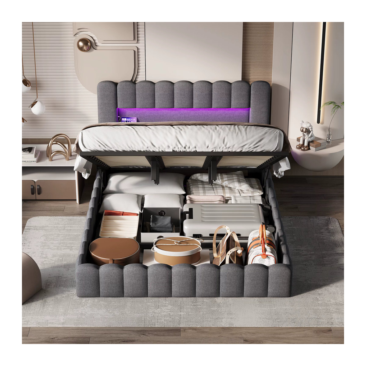 Comanlai Polsterbett Doppelbett mit hydraulischem Stauraum, LED-Beleuchtung und USB-Ladeanschluss, Grau, B/T: 180 x 200 cm - Bild 5