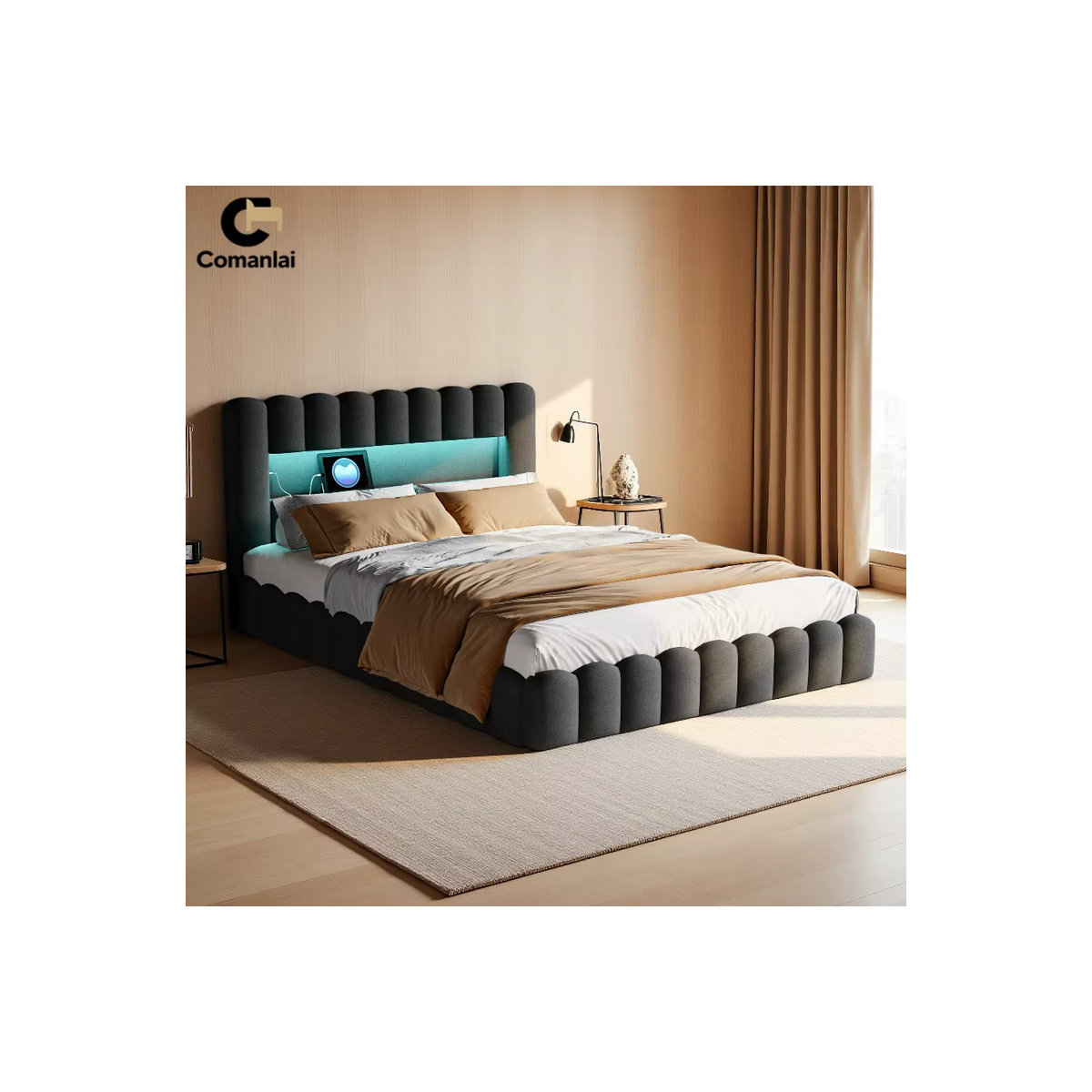 Comanlai Polsterbett Doppelbett mit hydraulischem Stauraum, LED-Beleuchtung und USB-Ladeanschluss, Grau, B/T: 180 x 200 cm - Bild 6