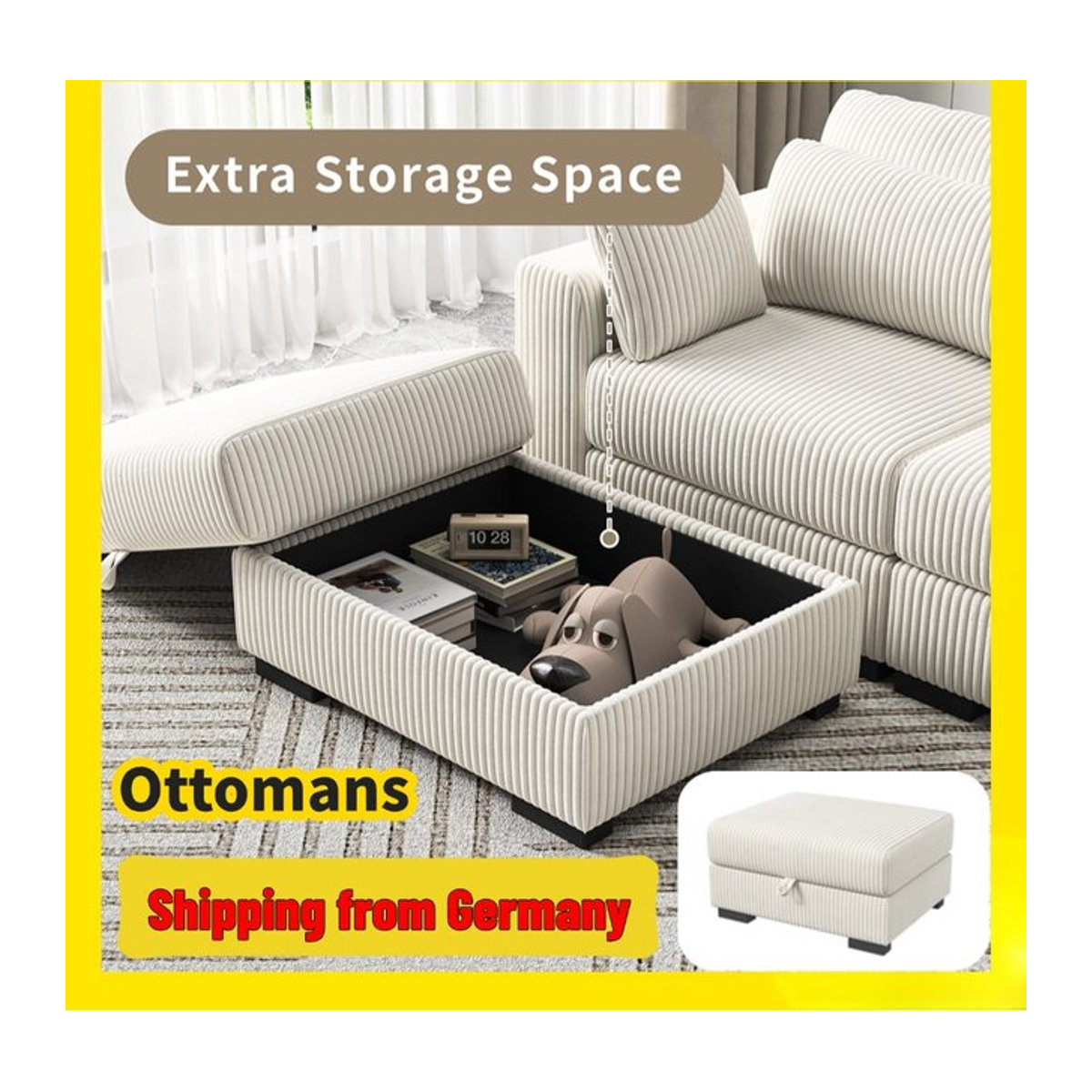 Comanlai Polsterhocker Ottomane mit großem Stauraum aus Cordstoff in Grau und Beige - Bild 1